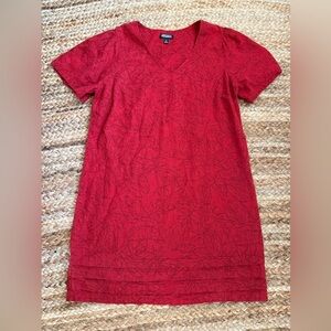 Nicole Miller XL Deep Red Linen Blend Tropical Print V Neck Shift Dress